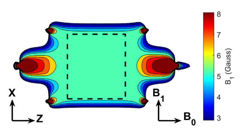 Simulated RF magnetic field distribution across a resonator